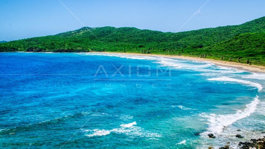 Sapphire blue waters and a deserted Caribbean beach in Culebra, Puerto Rico Aerial Stock Photo AX102_120.0000121F | Axiom Images