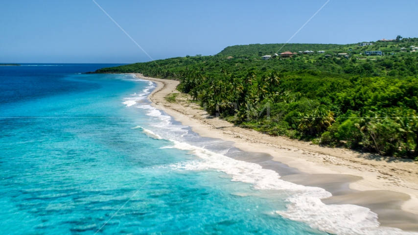 Waves rolling toward a Caribbean island beach with palm trees, Culebra, Puerto Rico Aerial Stock Photo AX102_130.0000151F | Axiom Images