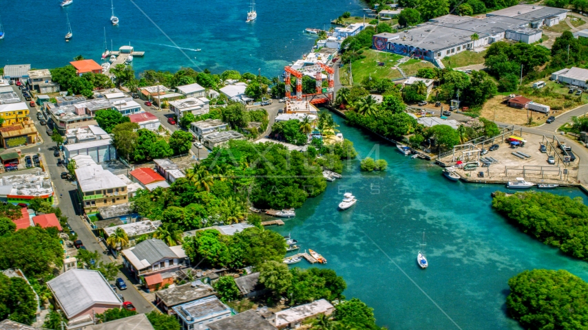 Coastal town with a small bridge in Culebra, Puerto Rico Aerial Stock Photo AX102_146.0000302F | Axiom Images