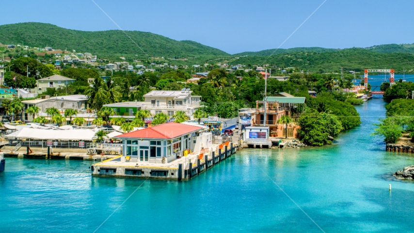 The small oceanside island town of Culebra, Puerto Rico Aerial Stock Photo AX102_150.0000190F | Axiom Images