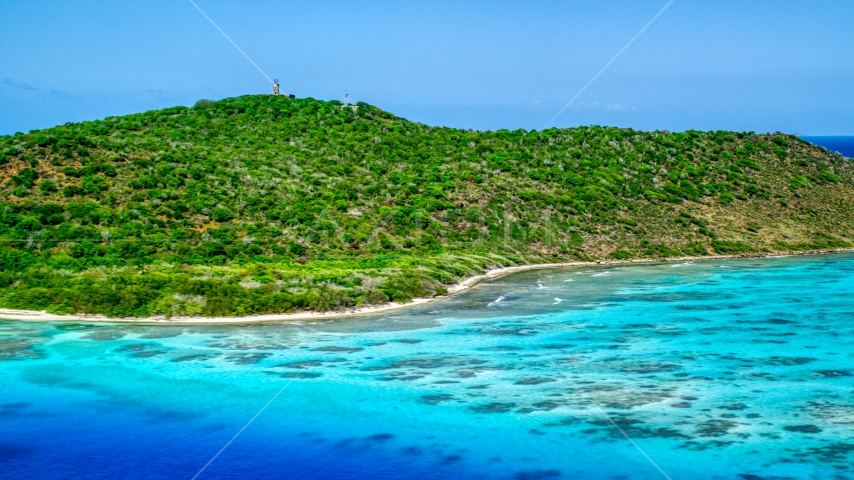 Sapphire blue waters and a Caribbean island shore, Culebrita, Puerto Rico Aerial Stock Photo AX102_174.0000288F | Axiom Images