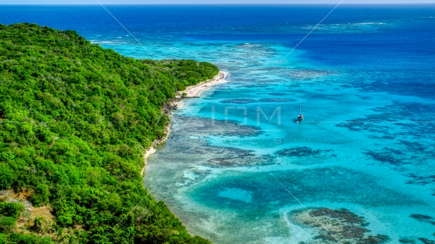 Sailboat anchored by reefs and a tree filled island coast, Culebrita, Puerto Rico Aerial Stock Photo AX102_185.0000123F | Axiom Images