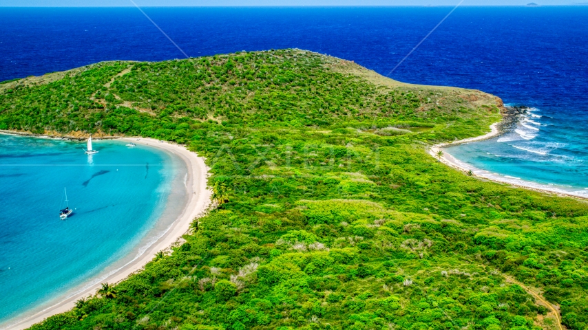 Turquoise waters and white sand Caribbean beaches, Culebrita, Puerto Rico Aerial Stock Photo AX102_186.0000183F | Axiom Images