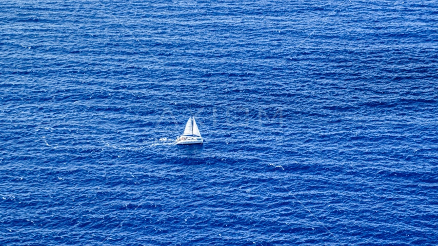 Catamaran sailing sapphire blue waters, Atlantic Ocean Aerial Stock Photo AX102_193.0000158F | Axiom Images