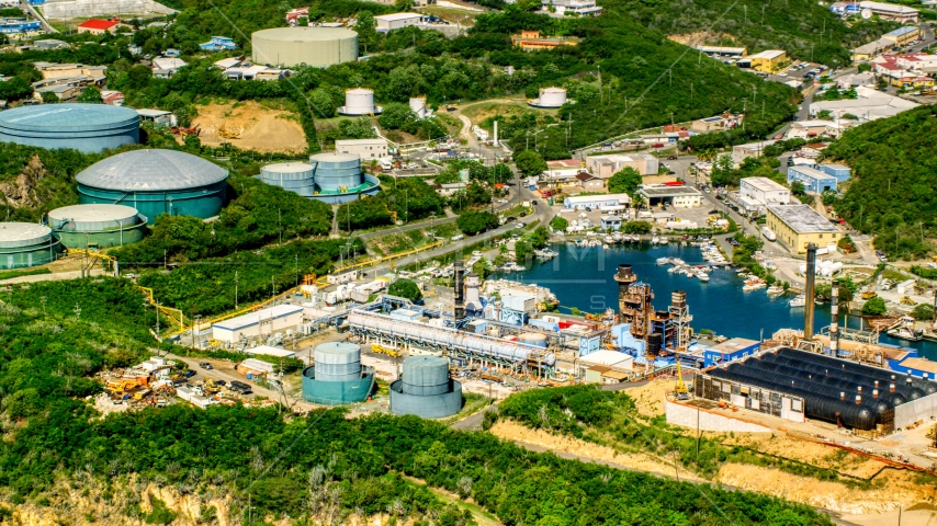 Waterfront desalinization plant in Charlotte Amalie, St. Thomas, US Virgin Islands Aerial Stock Photo AX102_198.0000000F | Axiom Images