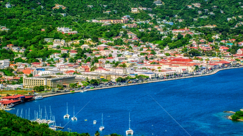 The seaside Caribbean island town of Charlotte Amalie, St. Thomas, US Virgin Islands Aerial Stock Photo AX102_205.0000000F | Axiom Images