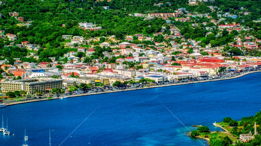 The Caribbean island town of Charlotte Amalie, St. Thomas Aerial Stock Photo AX102_205.0000209F | Axiom Images