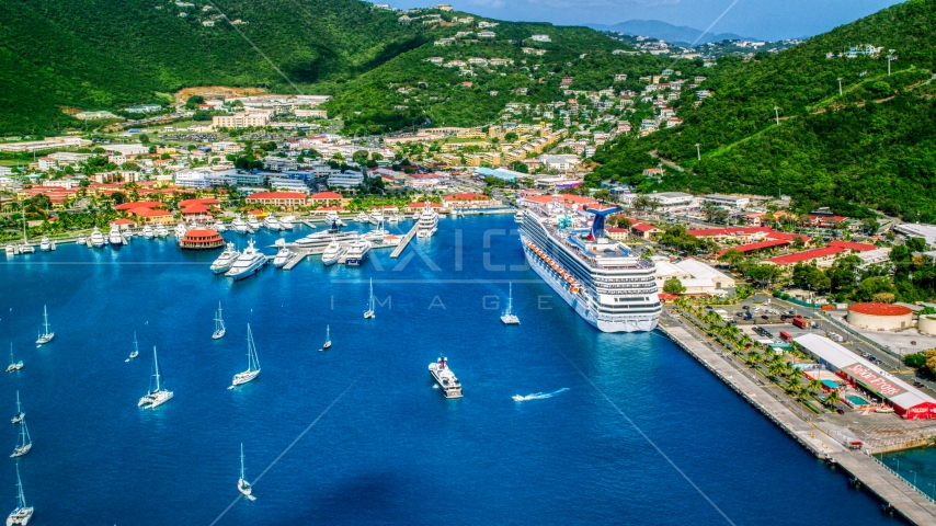 Cruise ship and yachts docked at the coastal town of Charlotte Amalie, St. Thomas, US Virgin Islands Aerial Stock Photo AX102_209.0000086F | Axiom Images