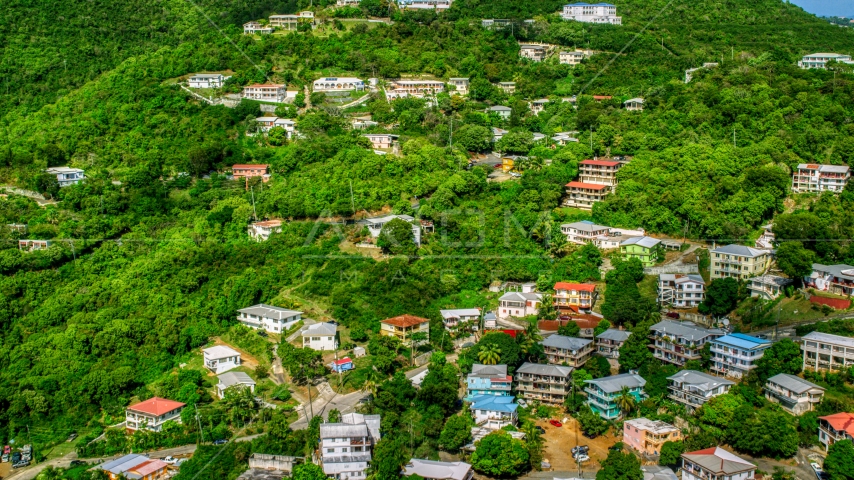 Upscale hillside homes nestled among trees, Charlotte Amalie, St. Thomas Aerial Stock Photo AX102_212.0000000F | Axiom Images