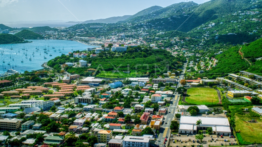 View across the Caribbean island town of Charlotte Amalie, St. Thomas Aerial Stock Photo AX102_213.0000000F | Axiom Images
