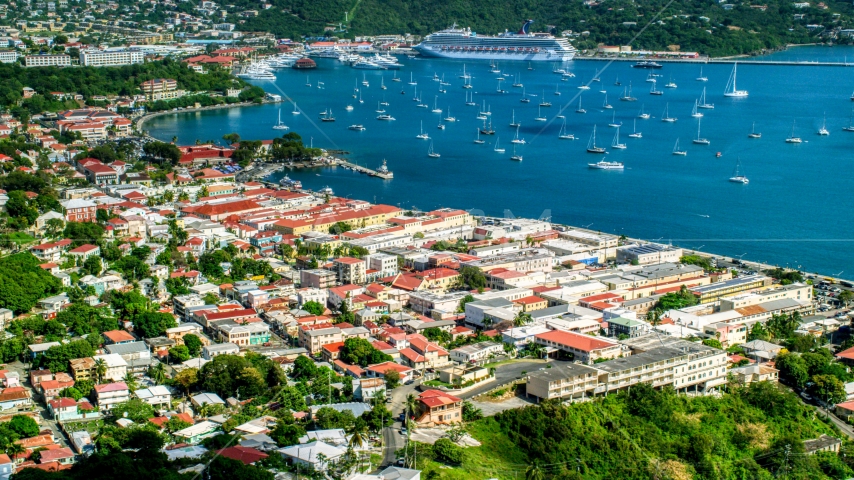 Caribbean island town with sailboats in the harbor, Charlotte Amalie, St Thomas Aerial Stock Photo AX102_219.0000000F | Axiom Images