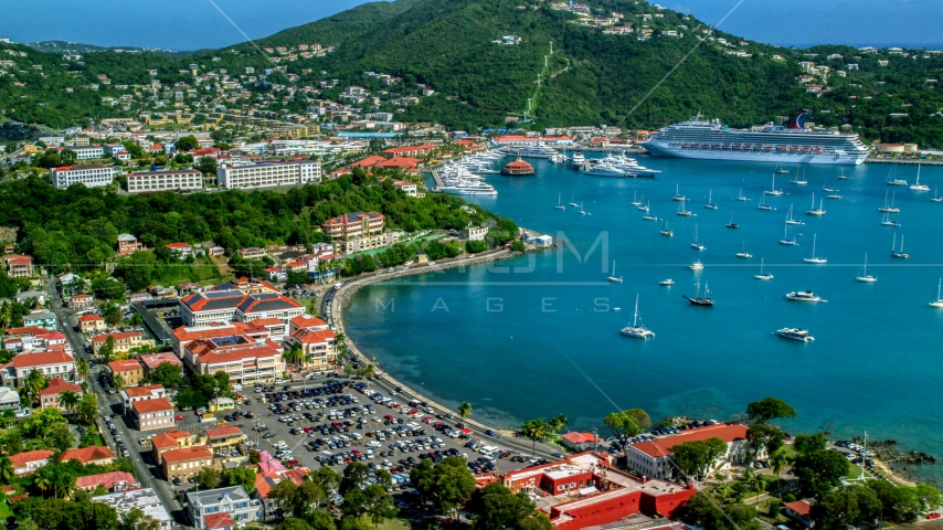 Sailboats and cruise ship in the harbor beside a Caribbean island town, Charlotte Amalie, St Thomas Aerial Stock Photos AX102_224.0000000F