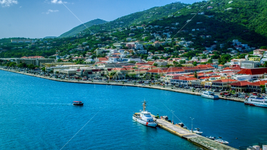 Island town and hills beside the harbor in Charlotte Amalie, St Thomas, the US Virgin Islands Aerial Stock Photo AX102_225.0000282F | Axiom Images