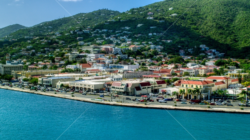 Island town and hills near the shore in Charlotte Amalie, St Thomas Aerial Stock Photo AX102_226.0000178F | Axiom Images