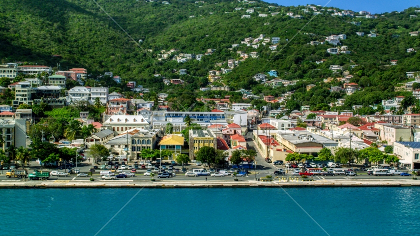Island town buildings on the harbor shore in Charlotte Amalie, St Thomas Aerial Stock Photo AX102_227.0000253F | Axiom Images