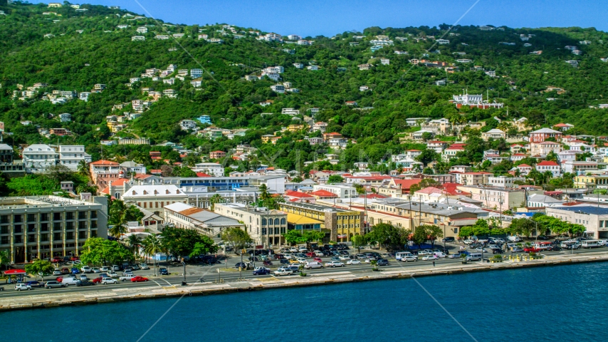 Buildings on the harbor shore in the Caribbean island to of Charlotte Amalie, St Thomas, US Virgin Islands Aerial Stock Photo AX102_228.0000000F | Axiom Images