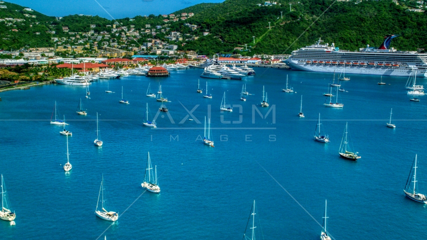 Sailboats and cruise ship in sapphire blue waters of the harbor in Charlotte Amalie, St Thomas Aerial Stock Photo AX102_230.0000000F | Axiom Images