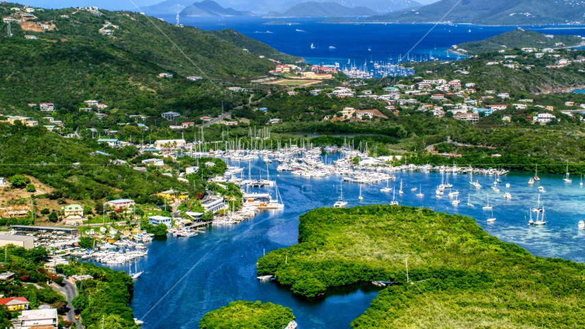 Boats docked at a marina in Benner Bay, St Thomas, US Virgin Islands Aerial Stock Photo AX102_238.0000000F | Axiom Images