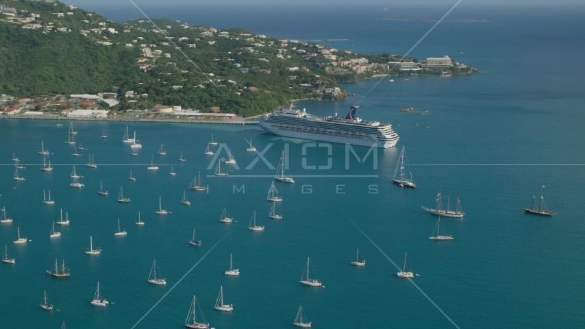 Cruise ship and sailboats in turquoise blue Caribbean waters, Charlotte Amalie, St Thomas Aerial Stock Photo AX103_005.0000000F | Axiom Images