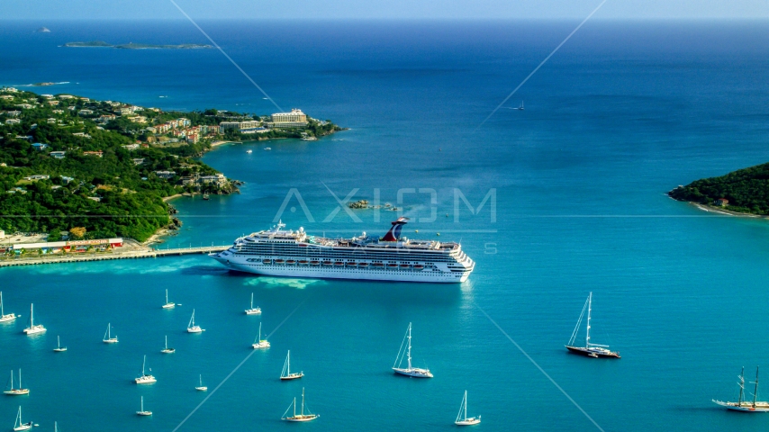 Cruise ship near sailboats in turquoise blue Caribbean waters, Charlotte Amalie, St Thomas Aerial Stock Photo AX103_005.0000260F | Axiom Images