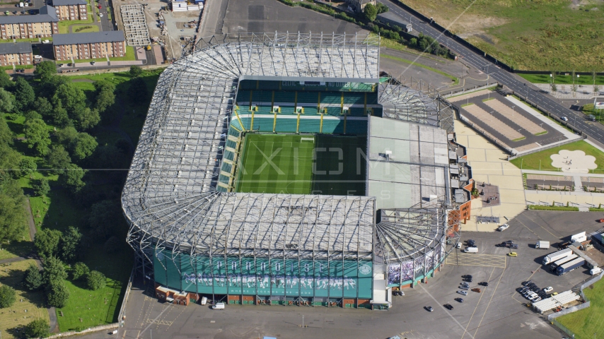 Celtic Park soccer stadium in Glasgow, Scotland Aerial Stock Photo AX110_187.0000196F | Axiom Images