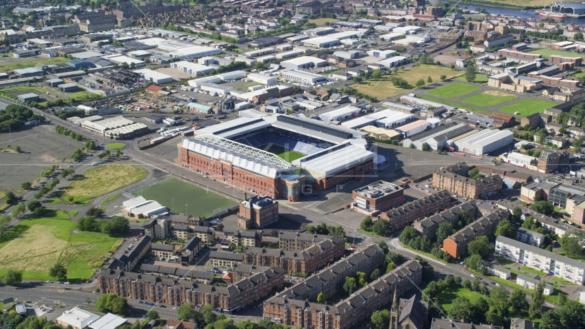 Ibrox Stadium soccer field in Glasgow, Scotland Aerial Stock Photo AX110_201.0000000F | Axiom Images