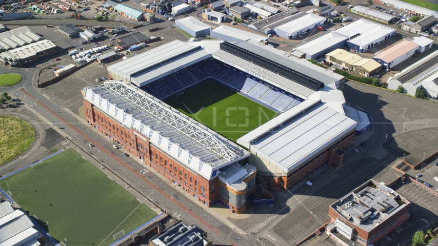 A view of the soccer field in Ibrox Stadium, Glasgow, Scotland Aerial Stock Photo AX110_201.0000207F | Axiom Images
