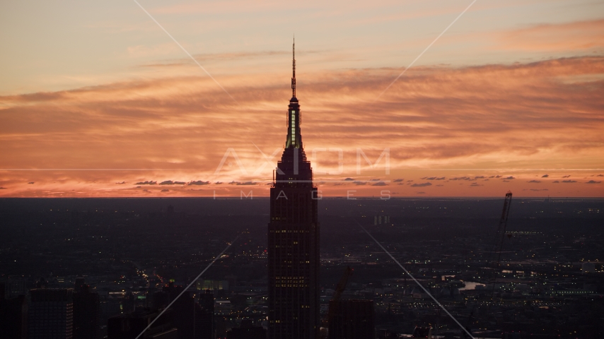 The Empire State Building at sunrise, Midtown Manhattan, New York City Aerial Stock Photos AX118_009.0000097F | Axiom Images