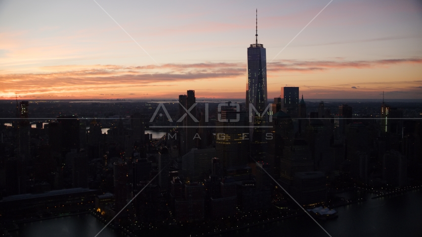 The World Trade Center at sunrise in Lower Manhattan, New York City Aerial Stock Photos AX118_016.0000119F | Axiom Images
