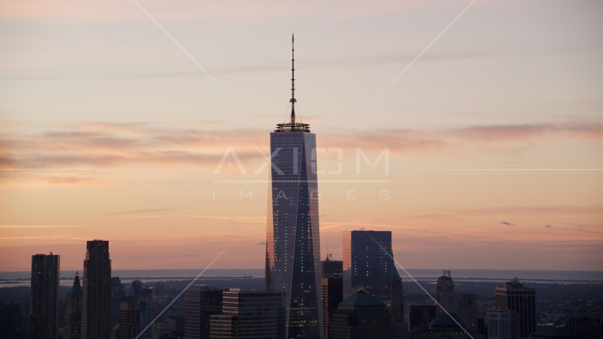 One World Trade Center at sunrise in Lower Manhattan, New York City Aerial Stock Photos AX118_028.0000000F