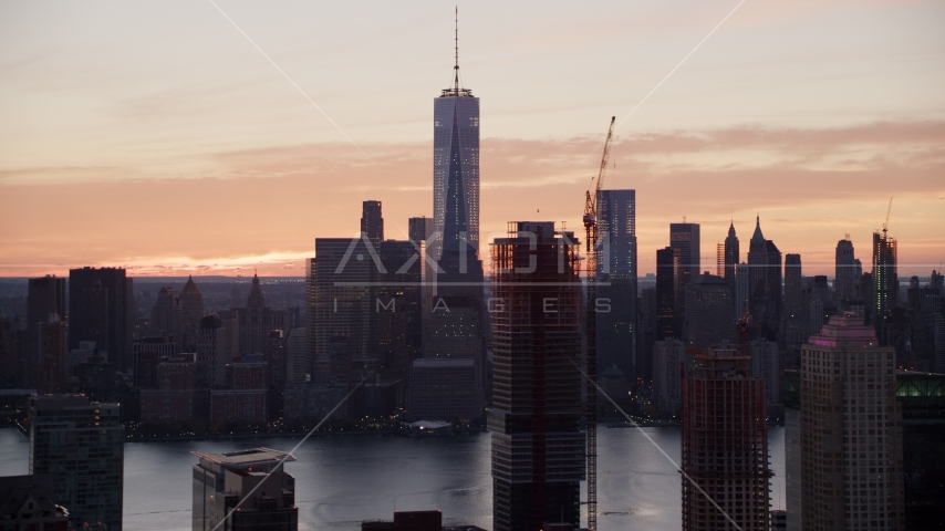 World Trade Center skyline at sunrise in Lower Manhattan, New York City, seen from Jersey City Aerial Stock Photos AX118_032.0000166F