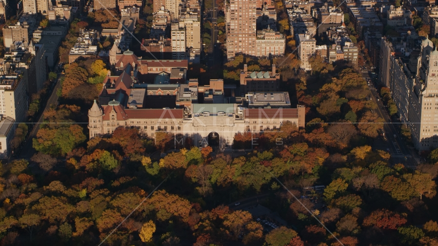 Autumn leaves around the Museum of Natural History at sunrise in Upper West Side, New York City Aerial Stock Photos AX118_193.0000177F