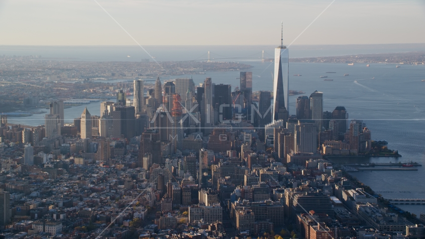 Freedom Tower and Lower Manhattan at sunrise in New York City Aerial Stock Photos AX118_206.0000000F