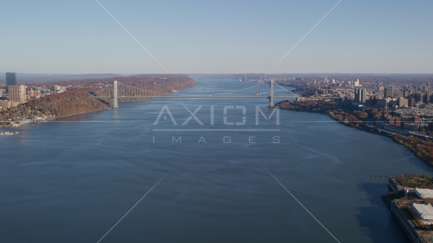 George Washington Bridge spanning the Hudson River in Autumn, New York City Aerial Stock Photos AX119_040.0000092F