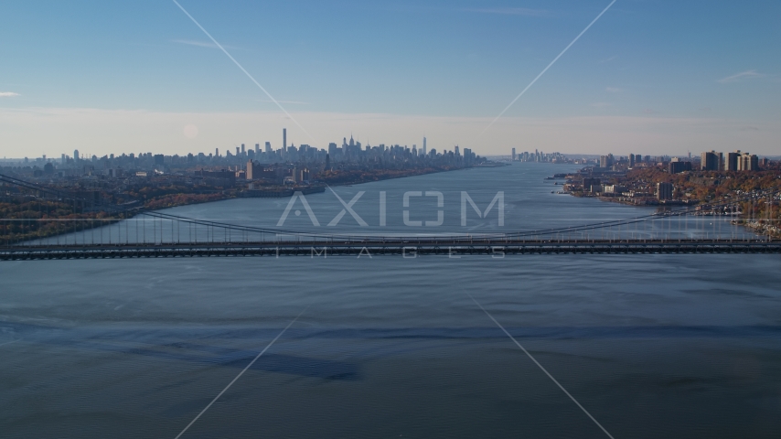 George Washington Bridge, Hudson River, and the Midtown skyline in Autumn, New York City Aerial Stock Photos AX119_047.0000192F