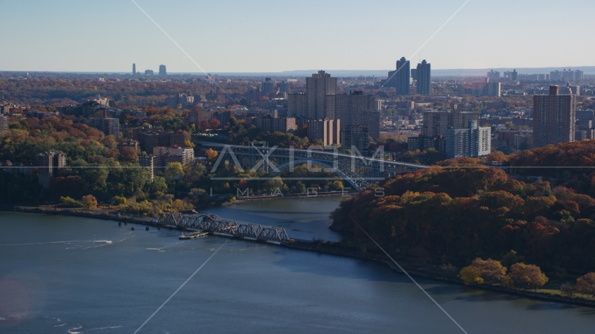 Henry Hudson and Spuyten Duyvil Bridges in Autumn, The Bronx, New York City Aerial Stock Photos AX119_054.0000179F