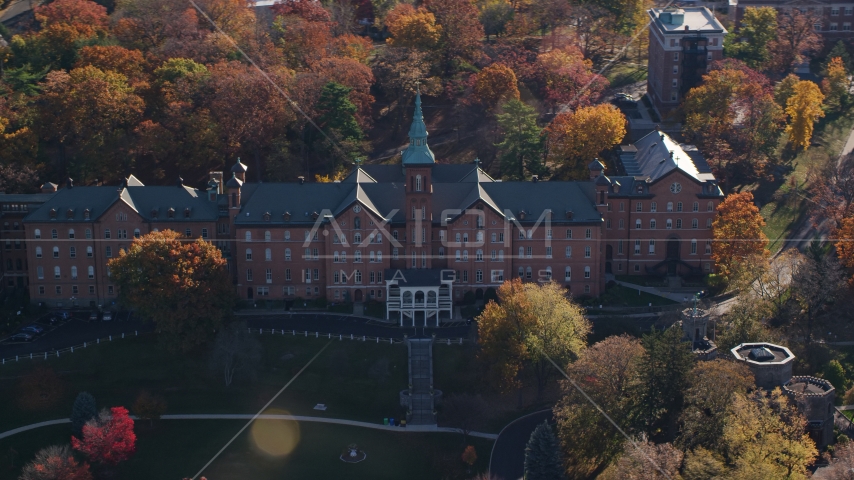 The College of Mount Saint Vincent in Autumn, Yonkers, New York Aerial Stock Photo AX119_062.0000075F | Axiom Images