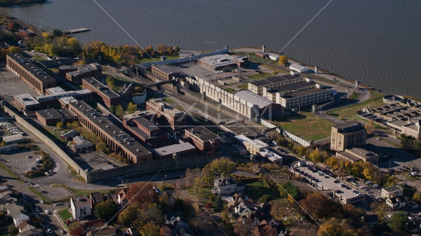 North side of Sing Sing Correctional Facility in Autumn, Ossining, New York Aerial Stock Photo AX119_117.0000186F | Axiom Images
