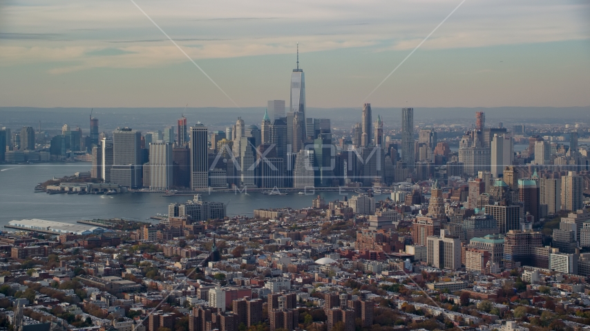 Lower Manhattan skyline and East River, seen from Brooklyn in Autumn, New York City Aerial Stock Photos AX120_086.0000097F | Axiom Images