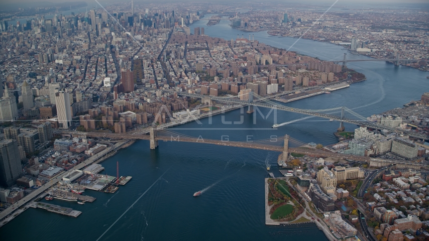 Brooklyn and Manhattan Bridges in Autumn, New York City Aerial Stock Photos AX120_094.0000060F