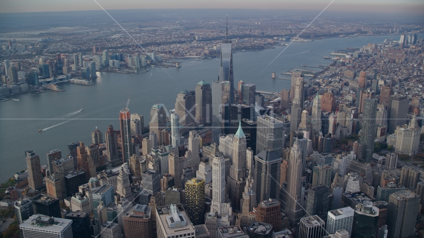 Skyscrapers in Lower Manhattan by the Hudson River, New York City Aerial Stock Photos AX120_095.0000177F