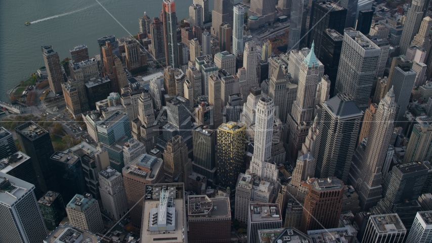 Lower Manhattan skyscrapers and high-rise buildings in Autumn, New York City Aerial Stock Photos AX120_097.0000028F