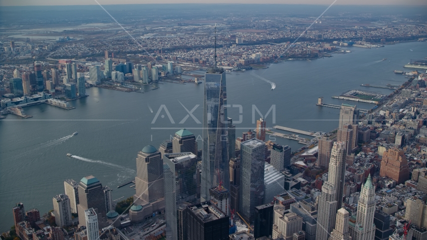 Freedom Tower and the Hudson River in Lower Manhattan, New York City Aerial Stock Photos AX120_098.0000086F