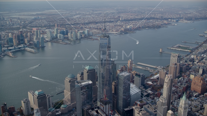 One World Trade Center and the Hudson River in Lower Manhattan, New York City Aerial Stock Photos AX120_098.0000203F