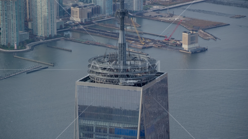 Base of the Freedom Tower spire in Lower Manhattan, New York City Aerial Stock Photos AX120_099.0000163F