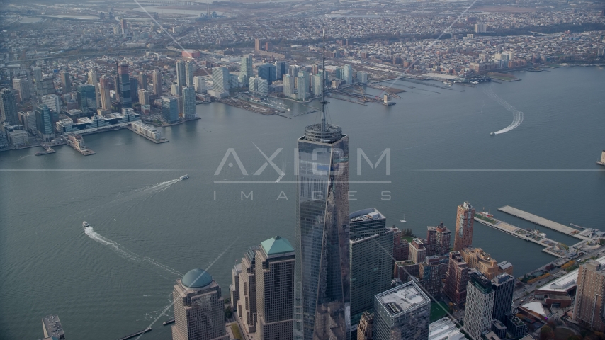 Freedom Tower at the World Trade Center area of Lower Manhattan, New York City Aerial Stock Photos AX120_100.0000095F