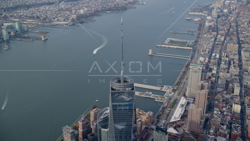Freedom Tower''s top spire and the Hudson River, Lower Manhattan, New York City Aerial Stock Photo AX120_101.0000256F | Axiom Images