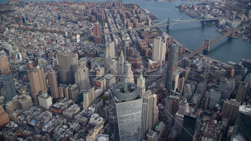 Top of Freedom Tower and East River bridges in Lower Manhattan, New York City Aerial Stock Photos AX120_103.0000178F