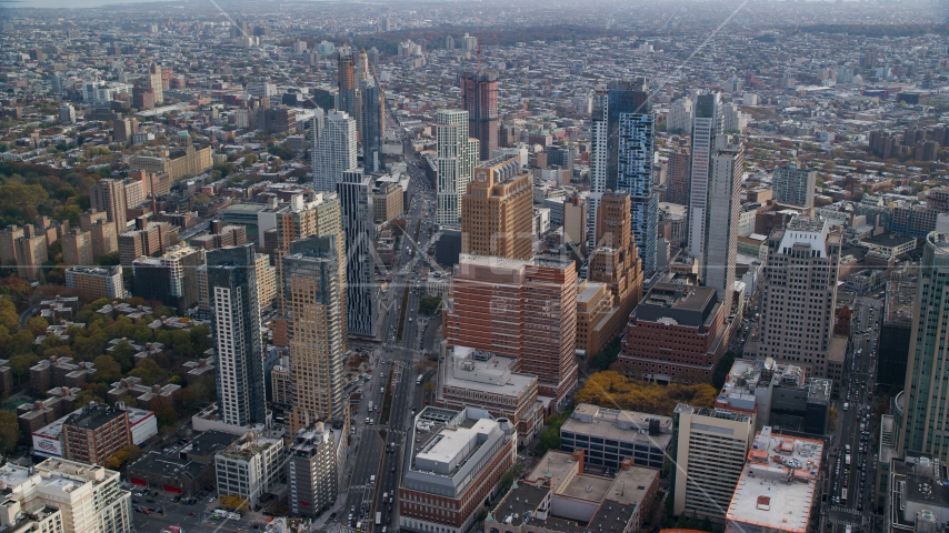 Brooklyn skyscrapers around Flatbush Avenue in Autumn, New York City Aerial Stock Photo AX120_132.0000111F | Axiom Images