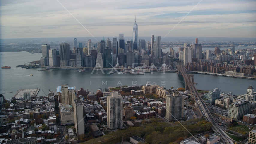 Lower Manhattan skyline and the East River seen from Brooklyn, New York City Aerial Stock Photos AX120_133.0000080F